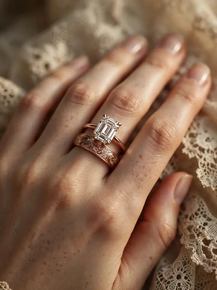 Wedding bands for emerald cut rings — hand-engraved floral wedding band in rose gold with an emerald-cut ring