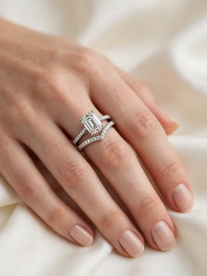 Wedding bands for emerald cut rings — matched emerald-cut bridal set with nesting wedding band in platinum