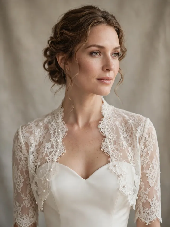 Ivory lace wedding dress topper bolero with scalloped edges and pearl buttons over a strapless bridal gown