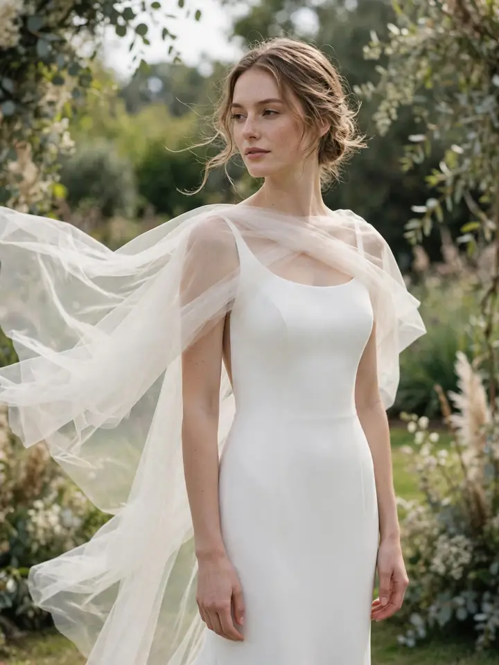 Sheer ivory tulle capelet wedding dress topper drifting over a minimalist white bridal gown