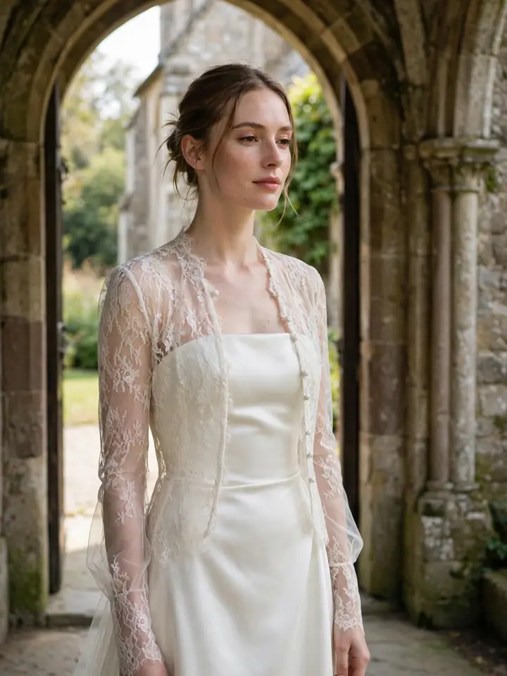 Long-sleeved illusion lace jacket wedding dress topper worn over a strapless satin bridal gown
