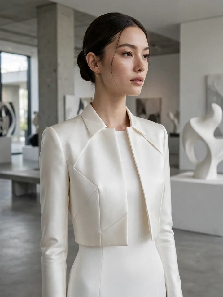 Modern cropped satin wedding dress topper bolero with clean lines over a bridal column gown