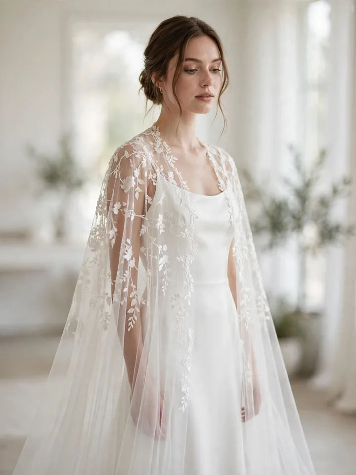 Dramatic cathedral-length embroidered cape wedding dress topper trailing behind a bride
