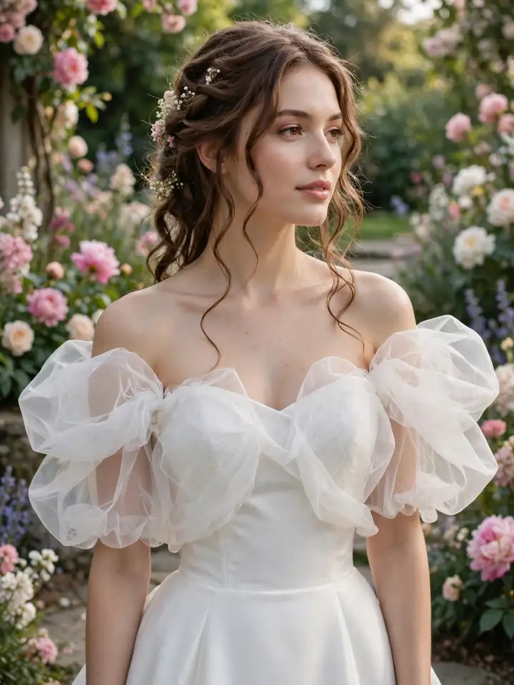 Detachable organza puff-sleeve wedding dress topper bodice over a strapless white bridal gown