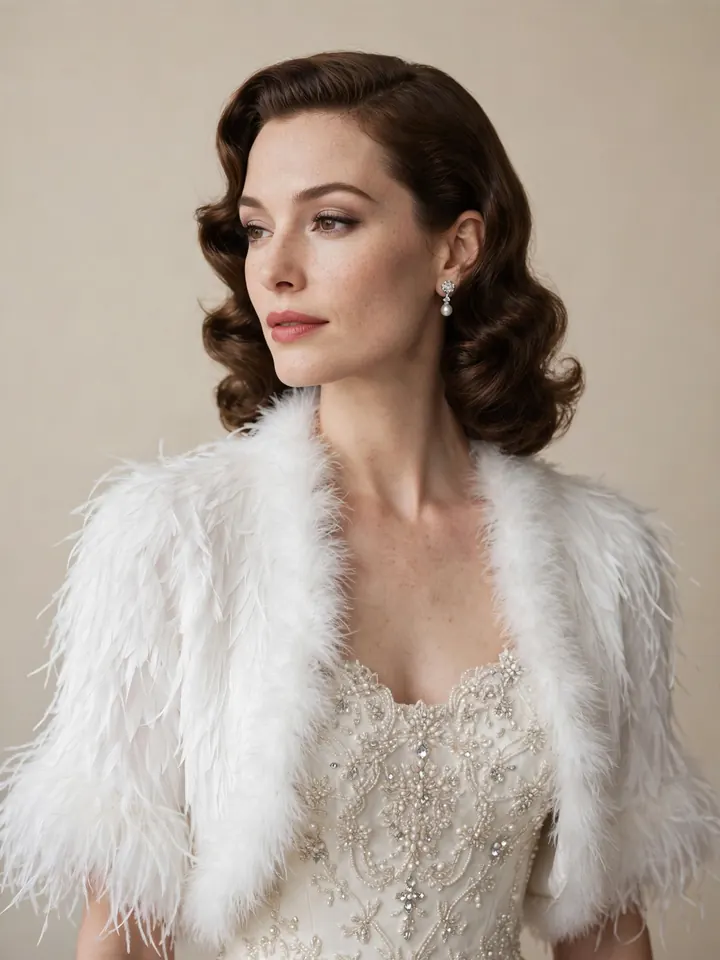 Vintage white feather-trimmed shrug wedding dress topper over a beaded bridal gown