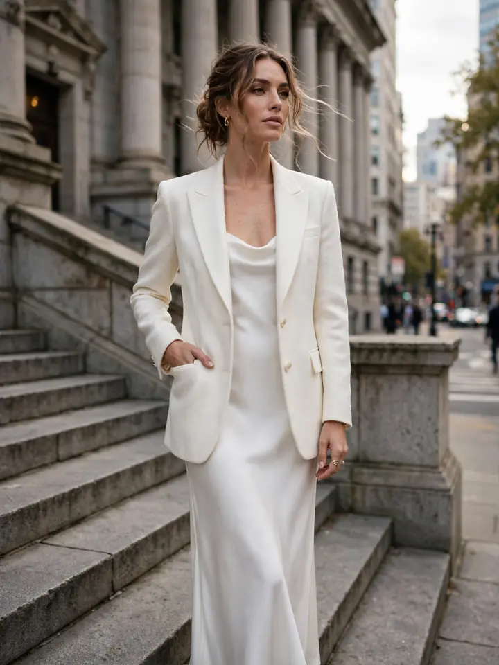 Tailored ivory blazer wedding dress topper worn over a white slip dress at a courthouse wedding