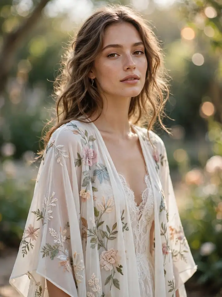 Bohemian floral embroidered kimono wedding dress topper over a lace bridal gown in a garden