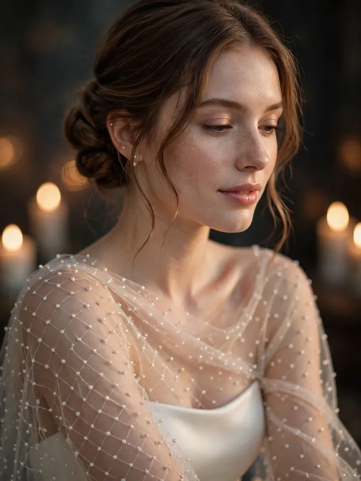 Pearl-dotted illusion mesh wedding dress topper with delicate shimmer over a strapless bridal gown