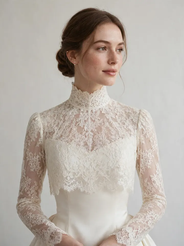 High-neck Victorian lace wedding dress topper with long sleeves worn over a bridal gown