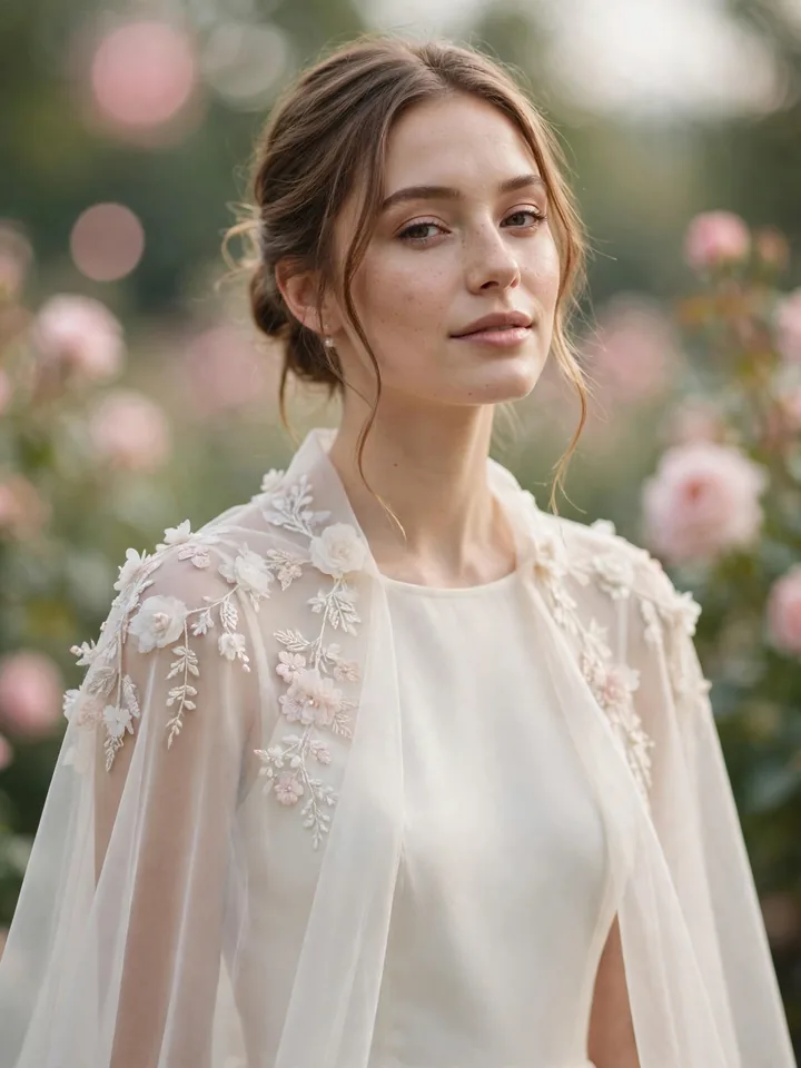 Romantic floral appliqué organza wedding dress topper capelet among garden roses