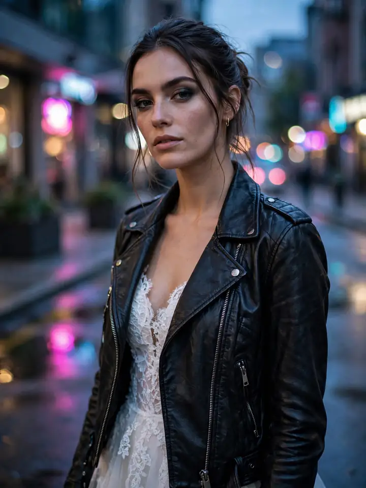 Black leather moto jacket wedding dress topper worn over a white bridal gown on a city street