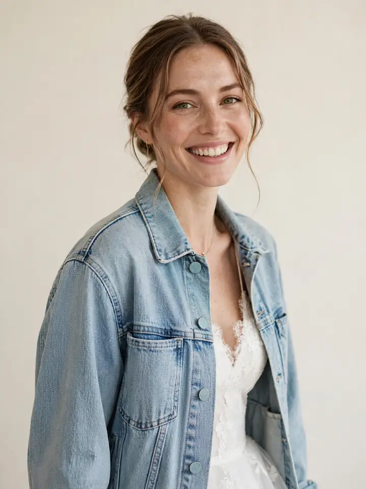 Personalised light-wash denim jacket wedding dress topper over a boho bridal gown