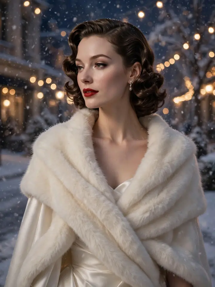 Luxurious ivory faux-fur stole wedding dress topper draped over a satin bridal gown