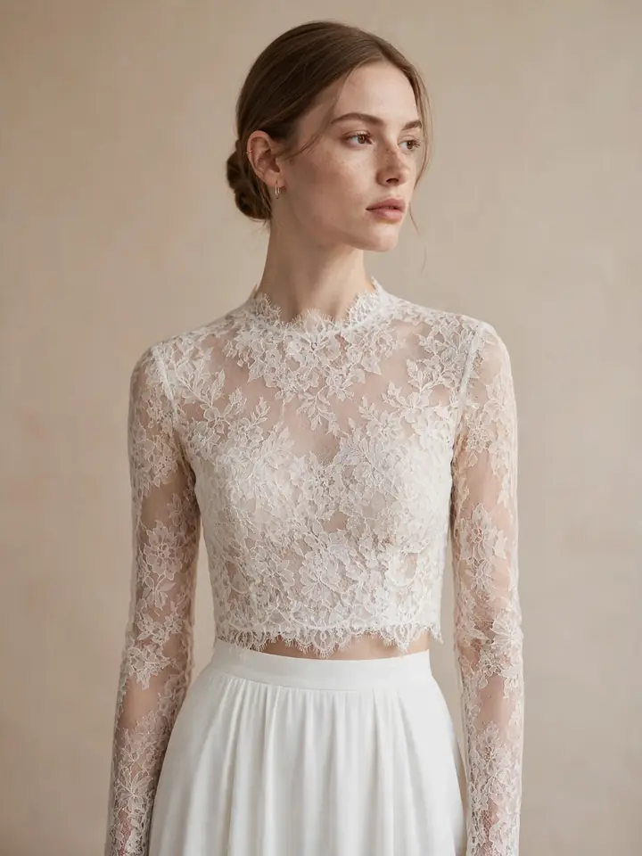 Two-piece lace crop-top wedding dress topper ensemble with a flowing bridal skirt