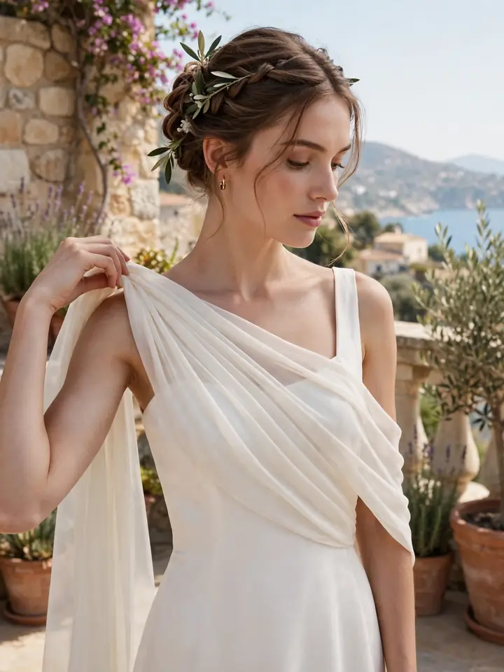 Bride styling a convertible ivory wrap wedding dress topper in a Grecian drape over her gown