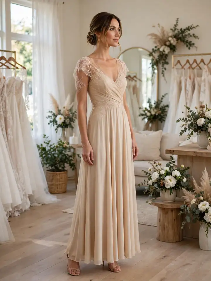 Bridal guest dress with delicate lace sleeves