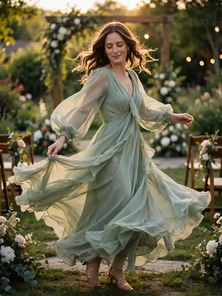 Maxi wedding guest dress with flowing sleeves