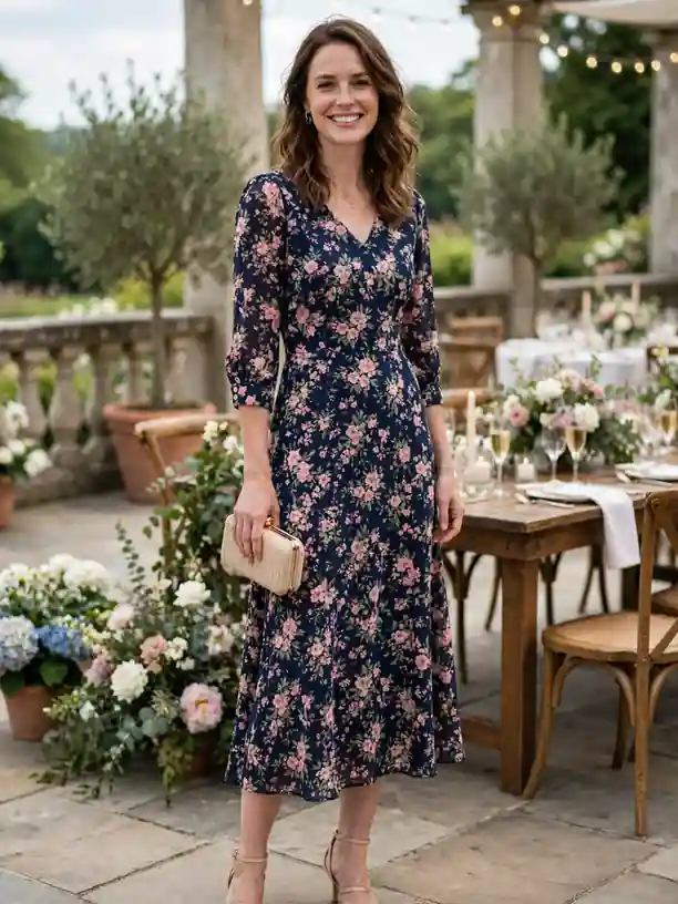 Midi wedding guest dress with three-quarter sleeves