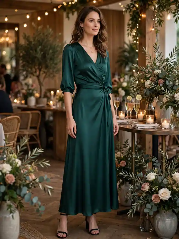 Semi-formal wedding guest dress with sleeves