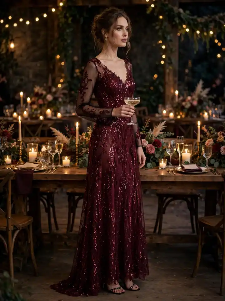 Elegant dinner wedding guest dress with sleeves