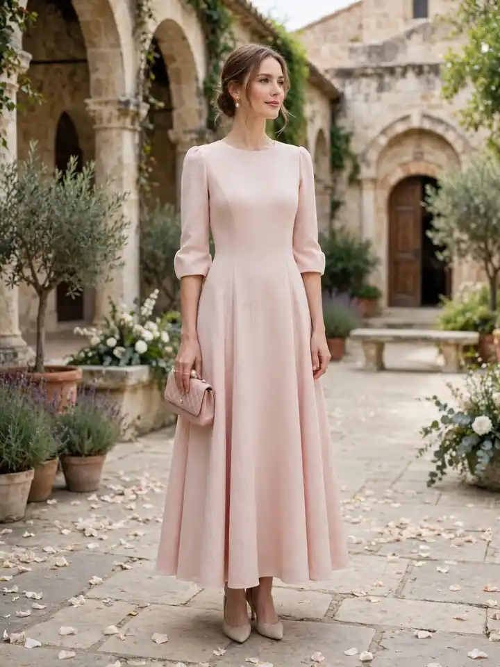 Classy modest wedding guest dress with sleeves