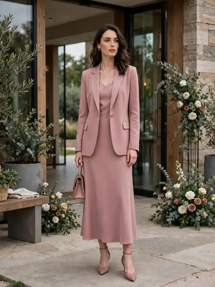 Formal wedding guest outfit with sleeved dress