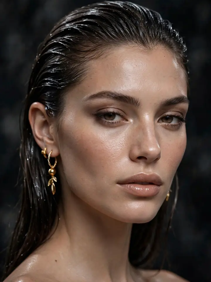 Sleek slicked-back wedding guest hairstyle worn down
