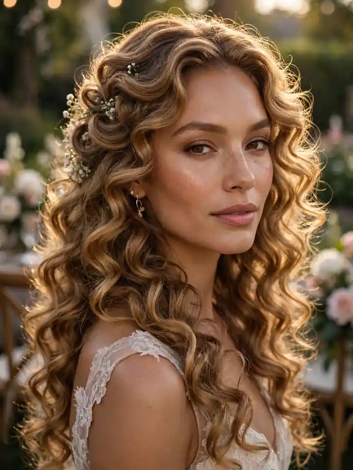 Long hair wedding guest hairstyle with soft curls