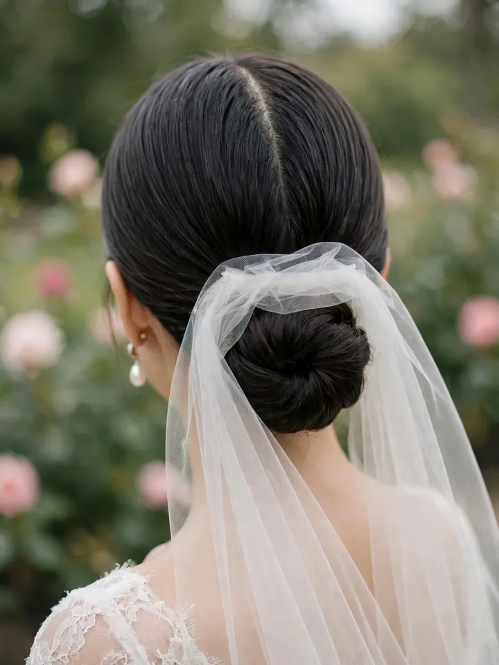 Close-up of a bride's low chignon bun with centre part and veil — classic wedding hairstyle for bride