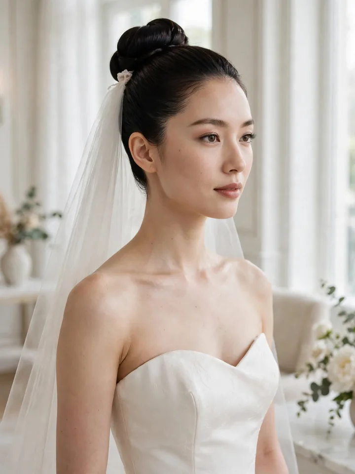 Bride wearing a polished high ballerina bun with slim veil — elegant wedding hairstyle for bride