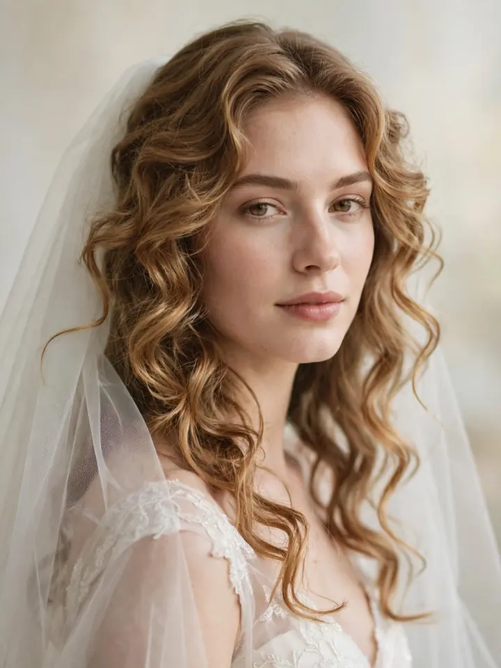 Bride with romantic loose curls and a cathedral veil — soft wedding hairstyle for bride