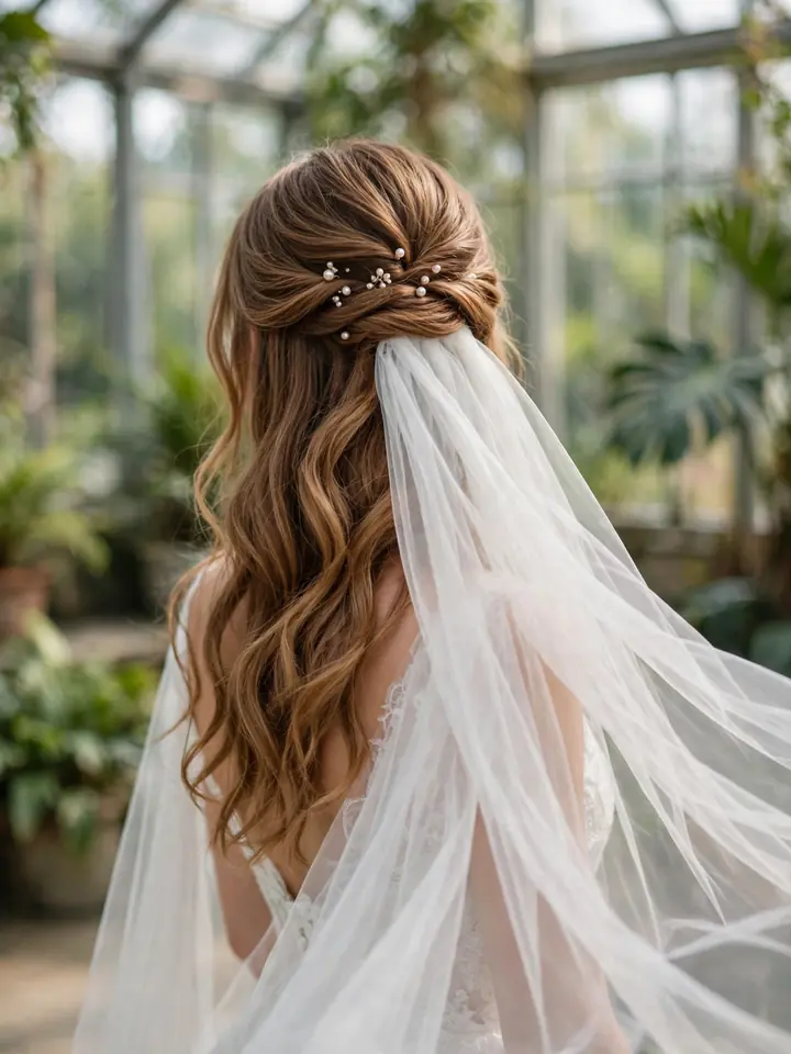 Half-up half-down bridal hairstyle with soft waves and pearl pins — wedding hairstyle for bride