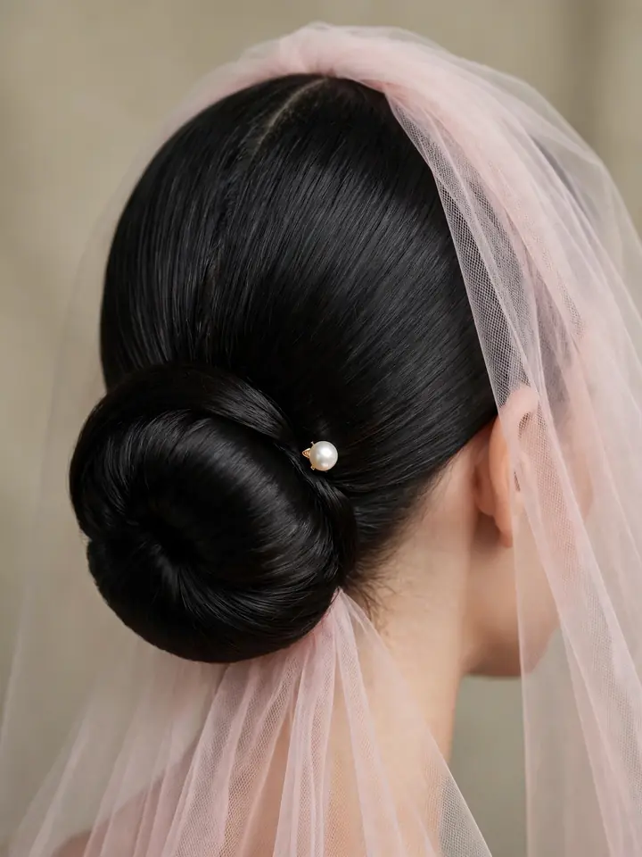 Sleek centre-parted low bun with pearl hairpin — modern wedding hairstyle for bride