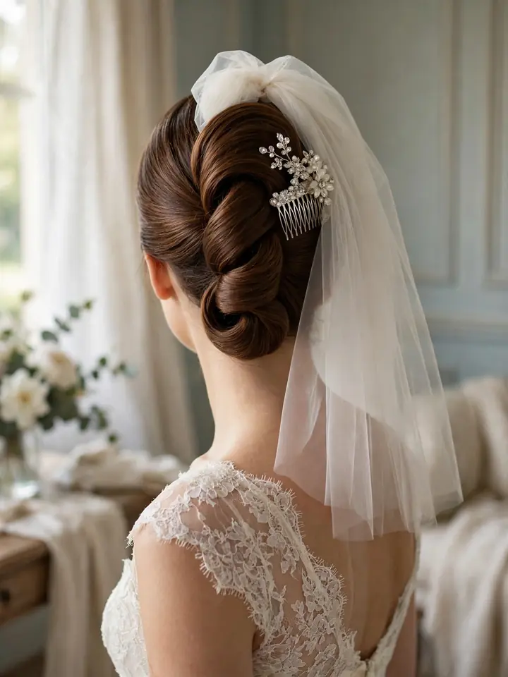 Classic French twist bridal updo with crystal comb — vintage wedding hairstyle for bride