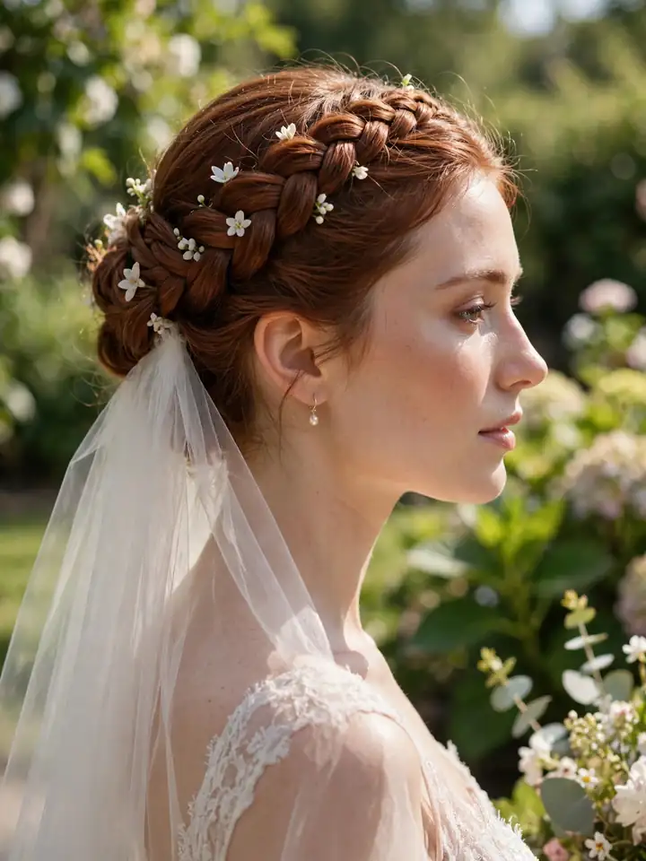 Braided crown bridal updo with blossoms and veil — boho wedding hairstyle for bride
