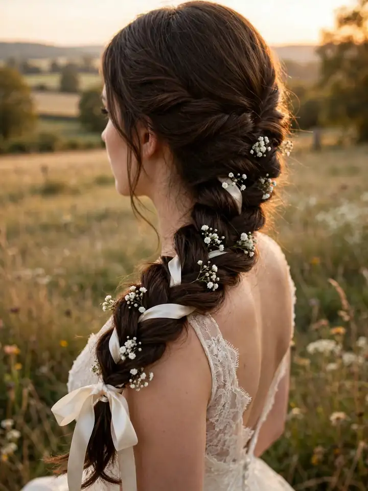 Fishtail side braid with baby's breath flowers — relaxed wedding hairstyle for bride