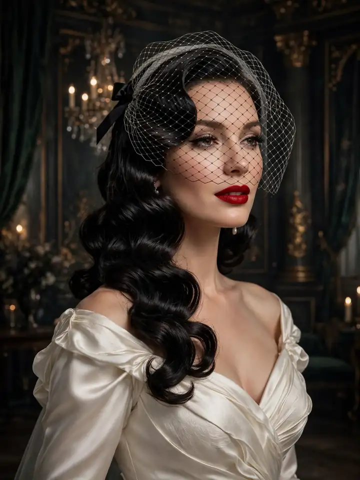 Side-swept Hollywood glam waves with birdcage veil — glamorous wedding hairstyle for bride