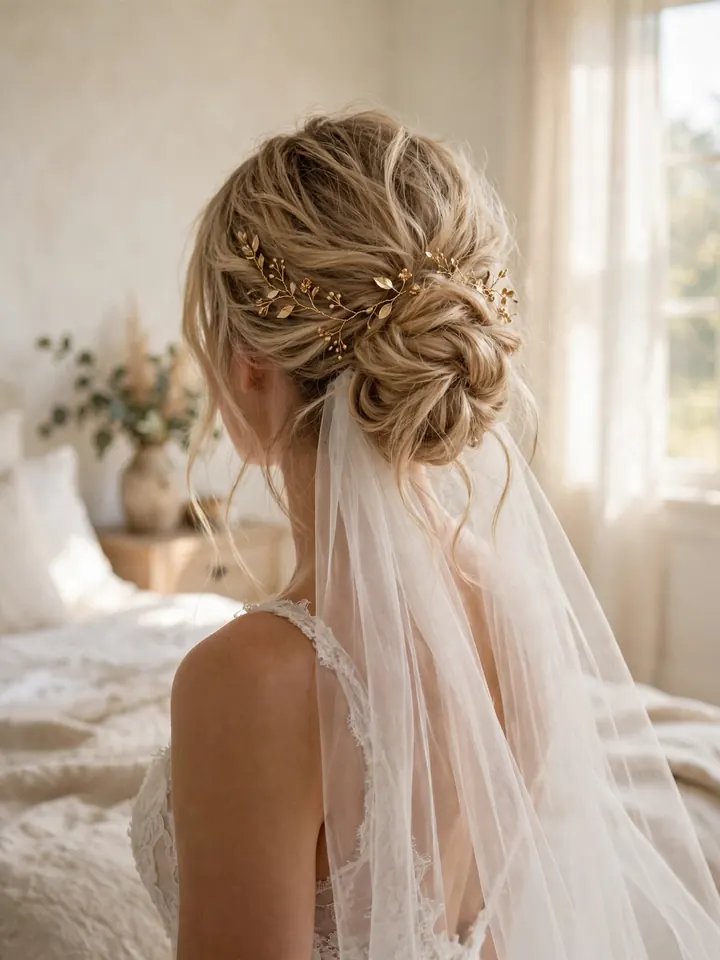 Textured low bun with gold hair vine and tendrils — romantic wedding hairstyle for bride