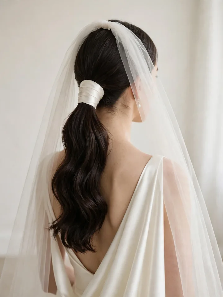 Elegant low ponytail with wrapped base and veil — chic wedding hairstyle for bride