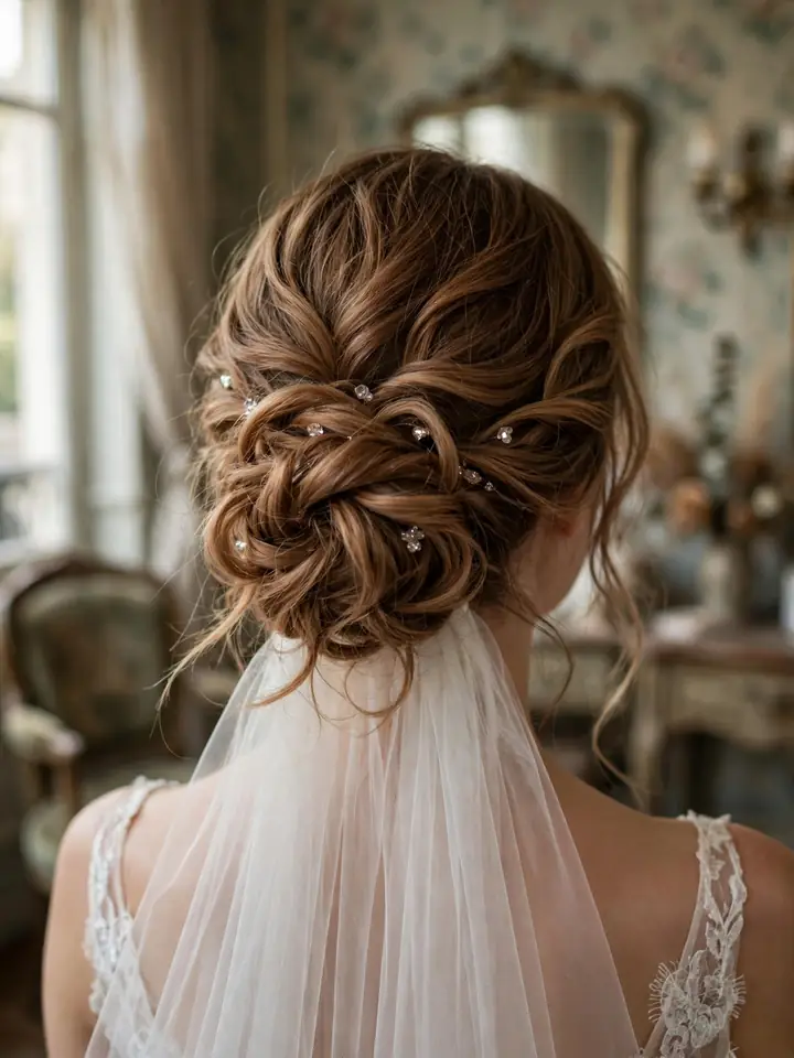 Romantic twisted updo with crystal pins — soft wedding hairstyle for bride