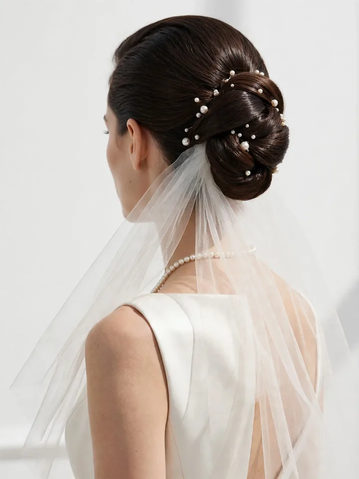 Polished bridal updo adorned with pearl hairpins — timeless wedding hairstyle for bride