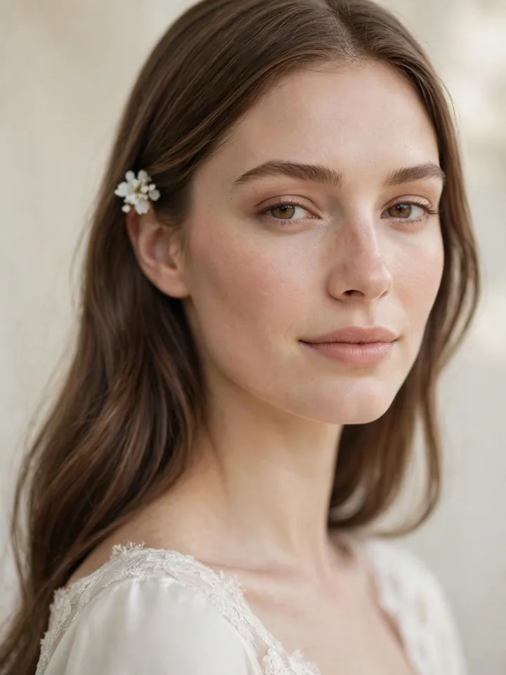 Bride with loose bohemian waves and a blossom tucked behind her ear — natural wedding hairstyle for bride