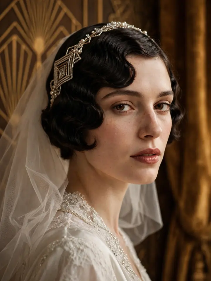 Vintage finger waves on a bridal bob with beaded headpiece — retro wedding hairstyle for bride