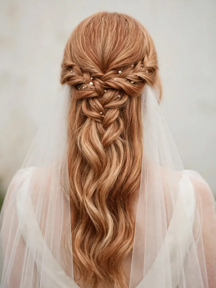 Waterfall braid half-up hairstyle with pearls and veil — pretty wedding hairstyle for bride