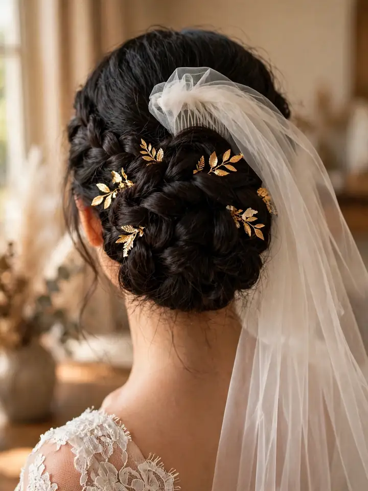 Woven braided bun with gold leaf accessory — intricate wedding hairstyle for bride