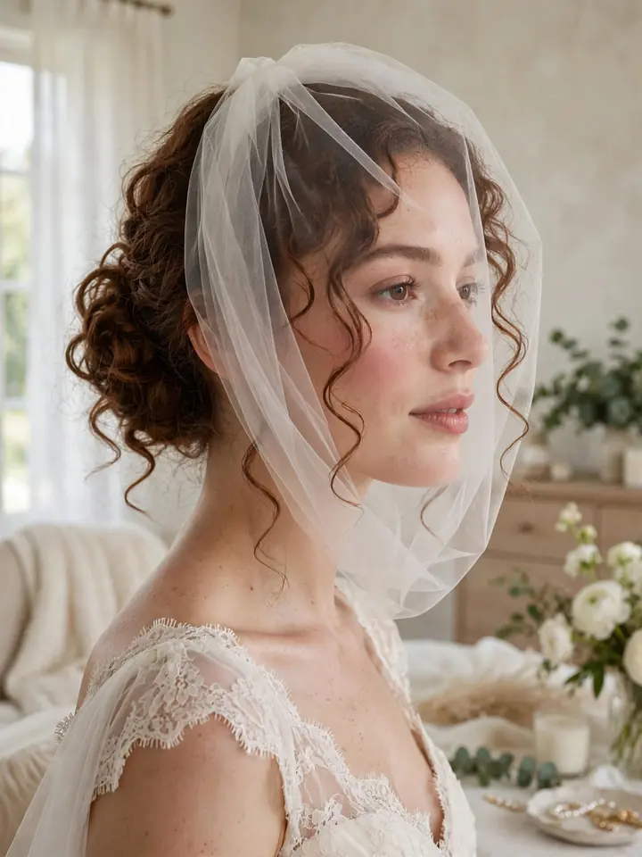 Curly low bun with face-framing tendrils and blusher veil — romantic wedding hairstyle for bride