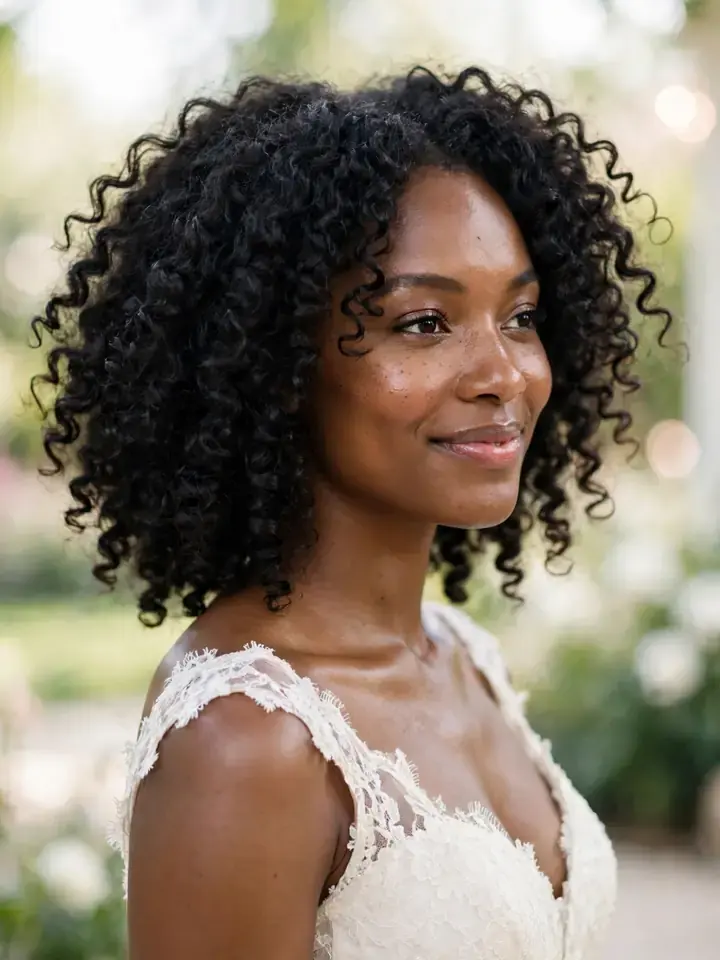 Bride with defined wash-and-go wedding hairstyles for curly hair during bridal portraits