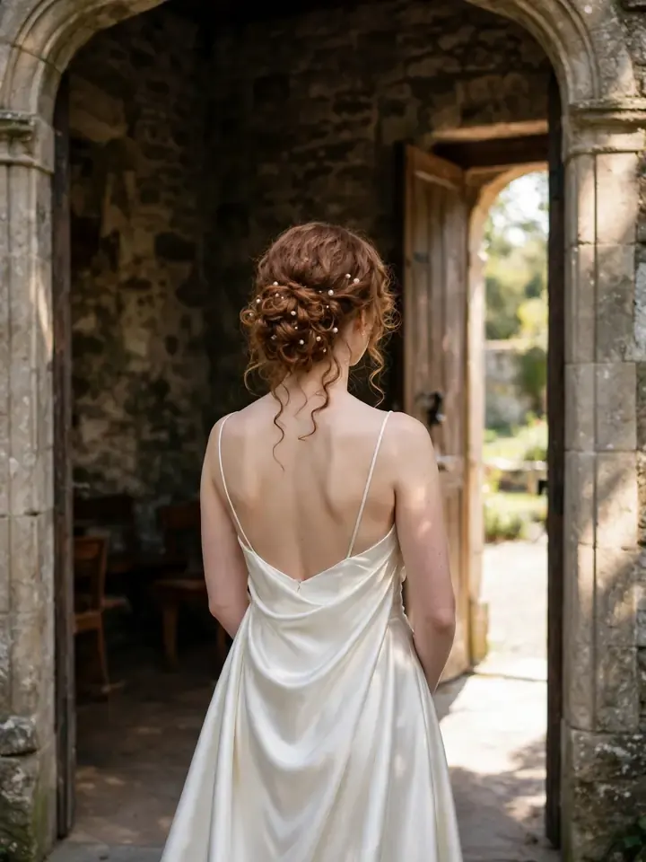 Romantic curly low bun wedding hairstyle for curly hair on bride from behind