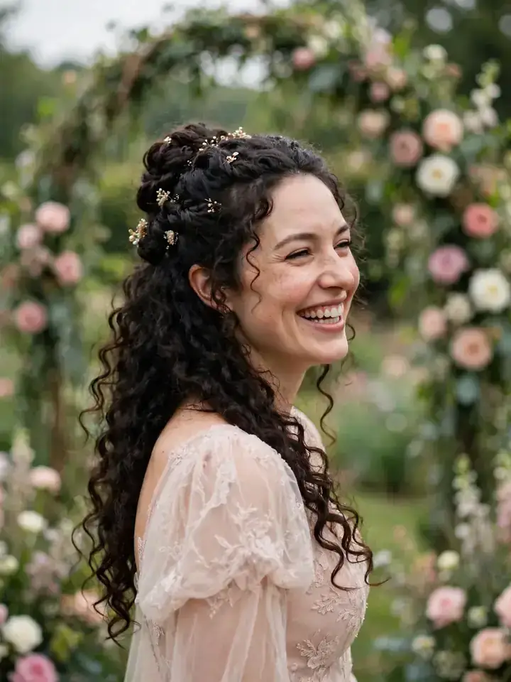 Half-up crown twist wedding hairstyle for curly hair with flowing curls