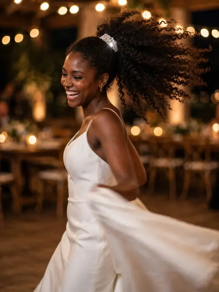 High voluminous curly ponytail wedding hairstyle for curly hair on dancing bride